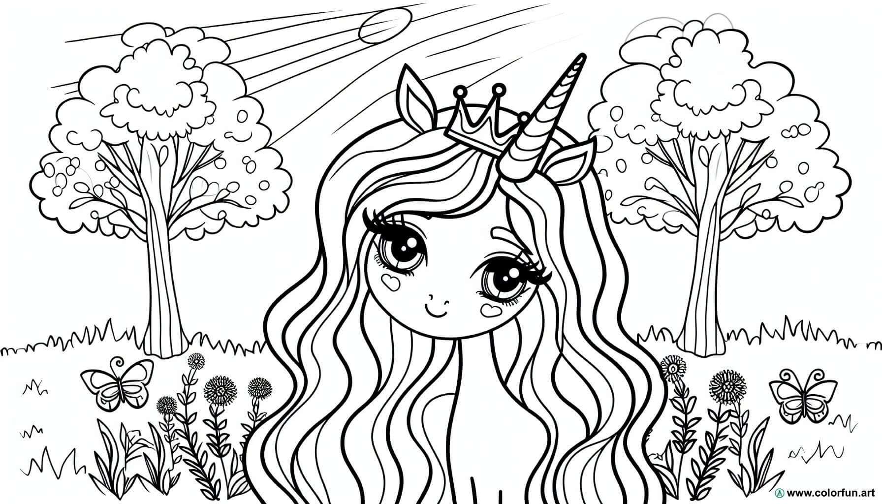 disegno da colorare principessa unicorno nella foresta