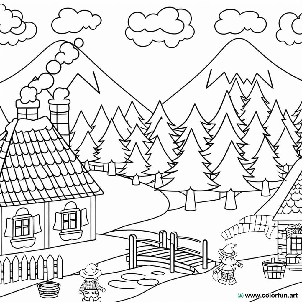 disegno da colorare villaggio di montagna