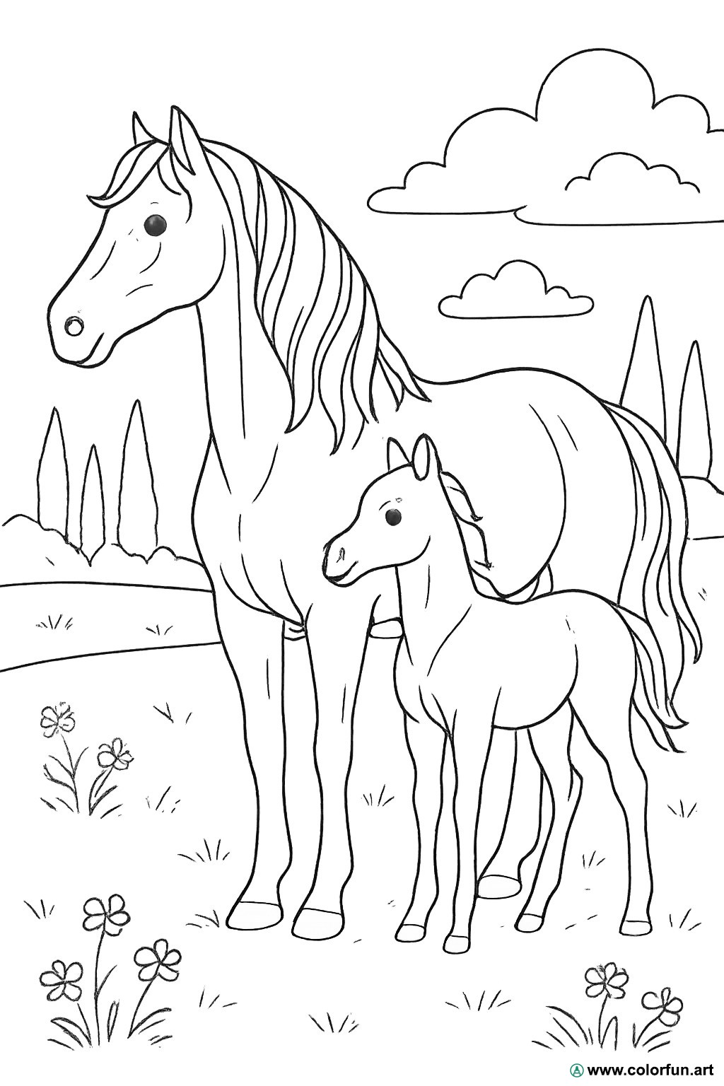 disegno da colorare cavallo e puledro realistico